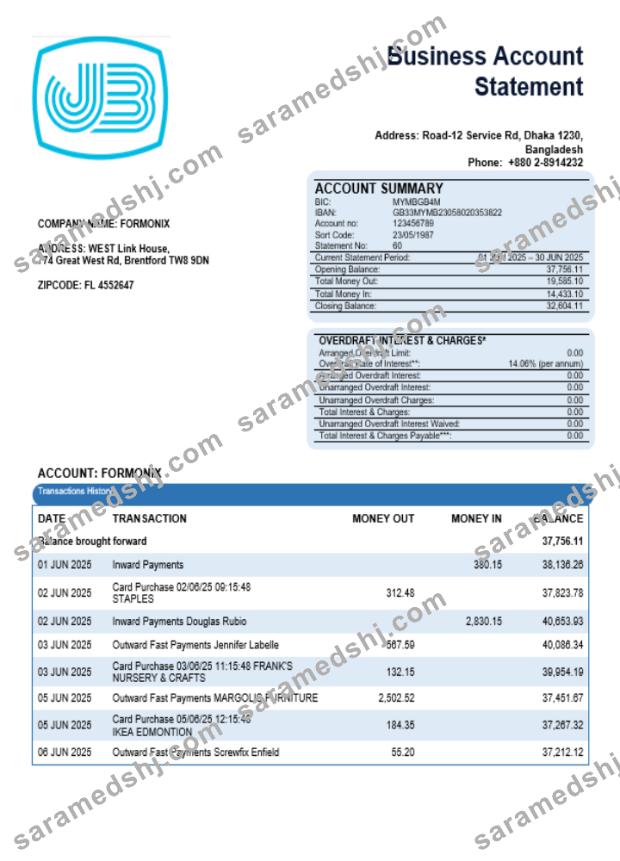 Janata bank business bank statement Word and PDF format